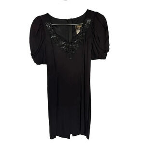 Midnight Women's Black Short Sleeve V-Neck Embroidered Back Zip Dress Size 10